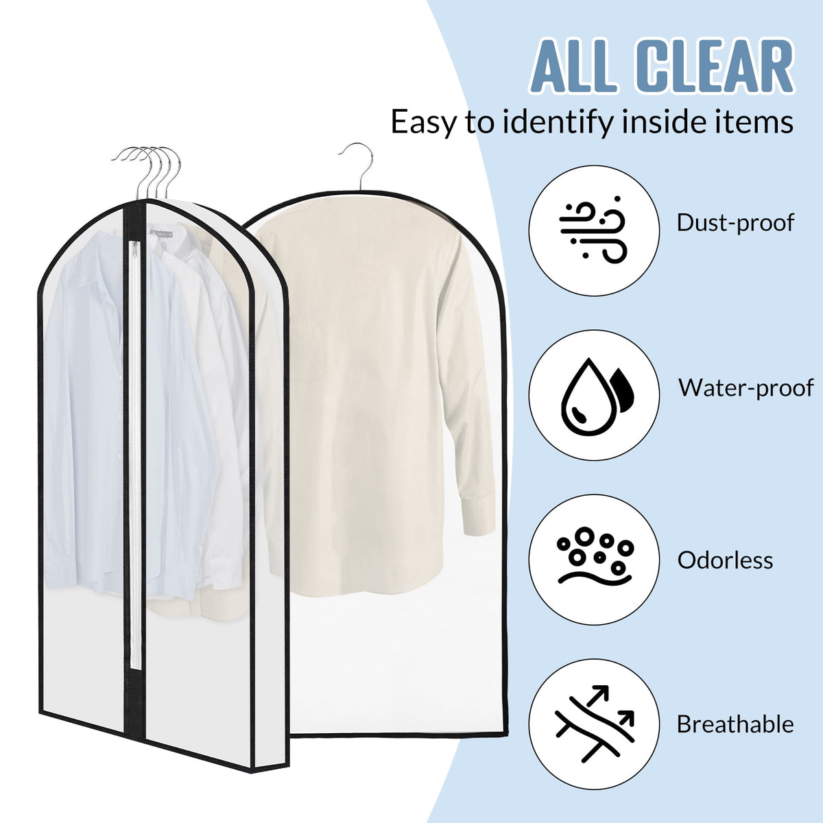 Clear Garment Bags for Hanging Clothes, Four 40 Inch Covers with Zippers - Image 5