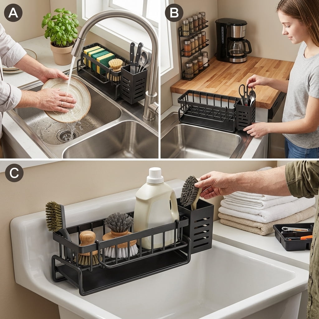 Sink Caddy Sponge Holder in Steel Wire with Sloped Drip Tray, Black - Image 3