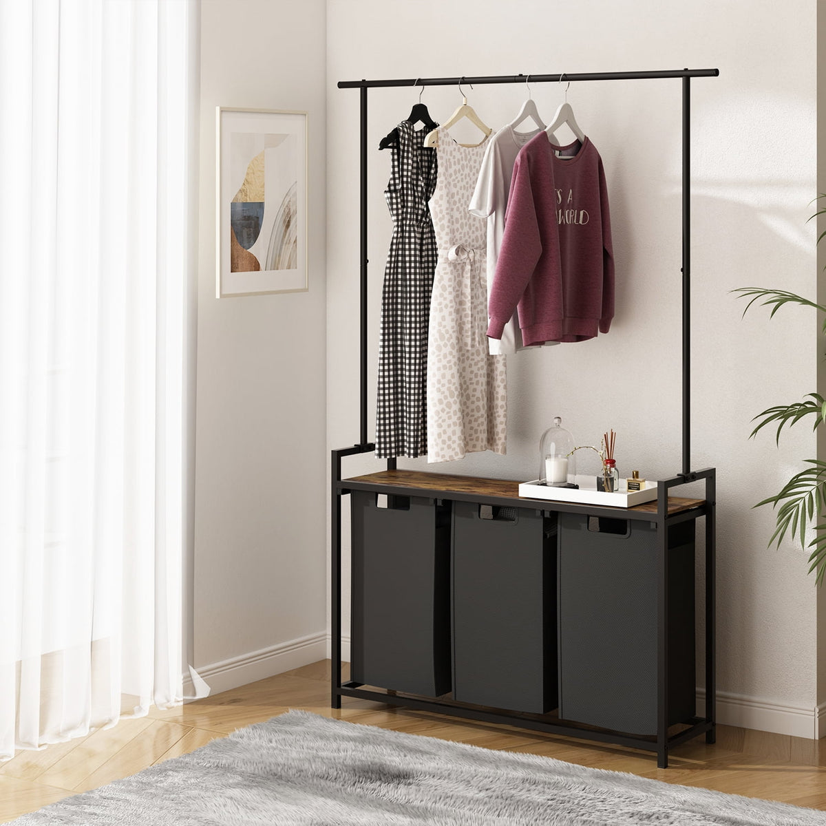 Three-Section Laundry Sorter with Hanging Bar and Removable Pull-Out Bags - Image 6