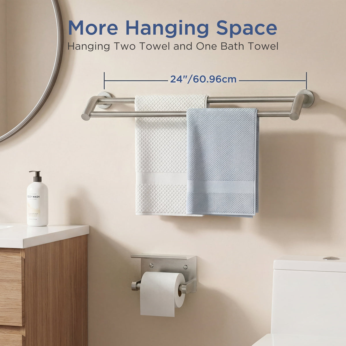 Double Towel Bar, 24 Inch Wall Mounted Rack in Brushed Stainless Steel - Image 2