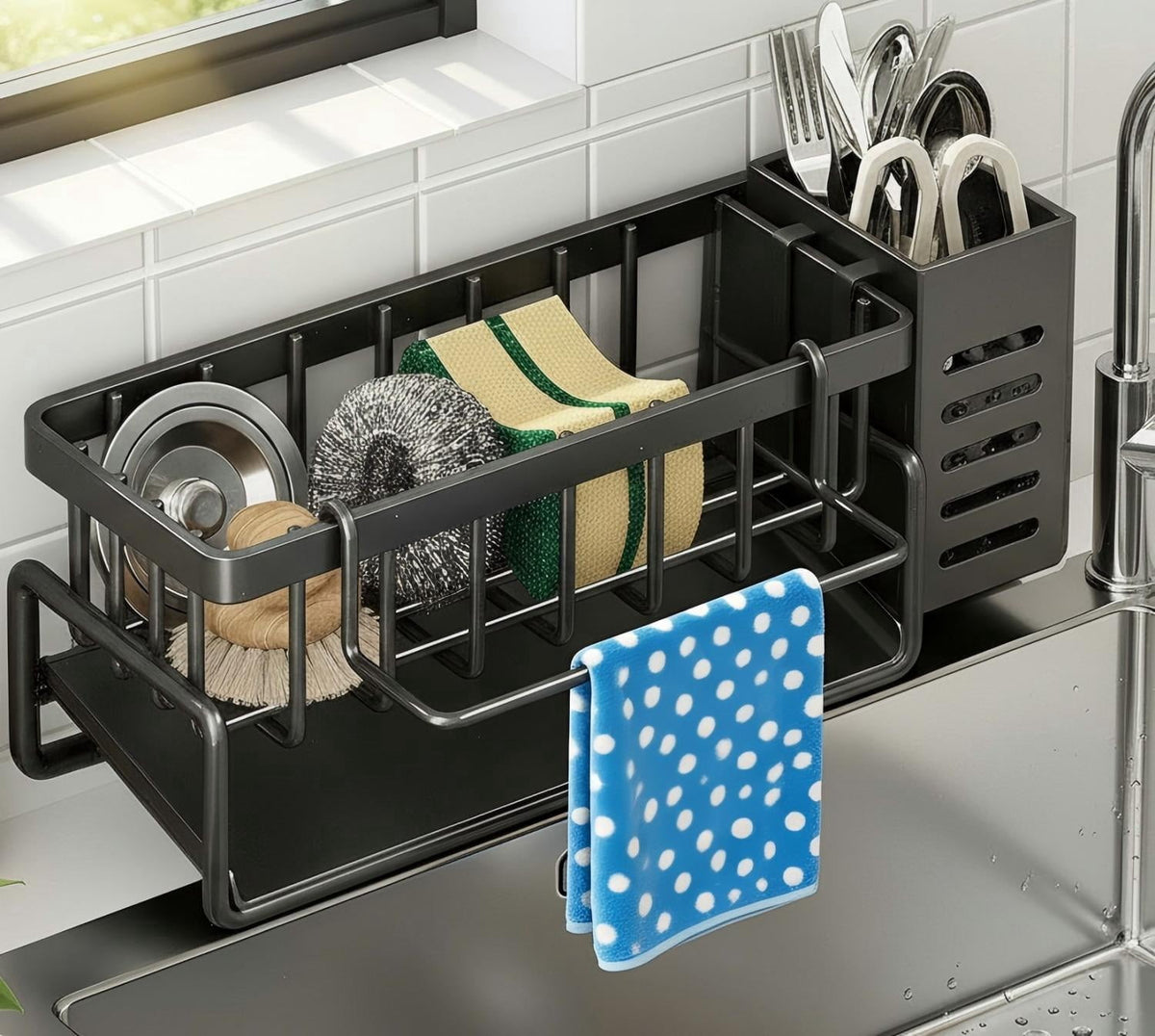 Sink Caddy Sponge Holder in Steel Wire with Sloped Drip Tray, Black - Image 2