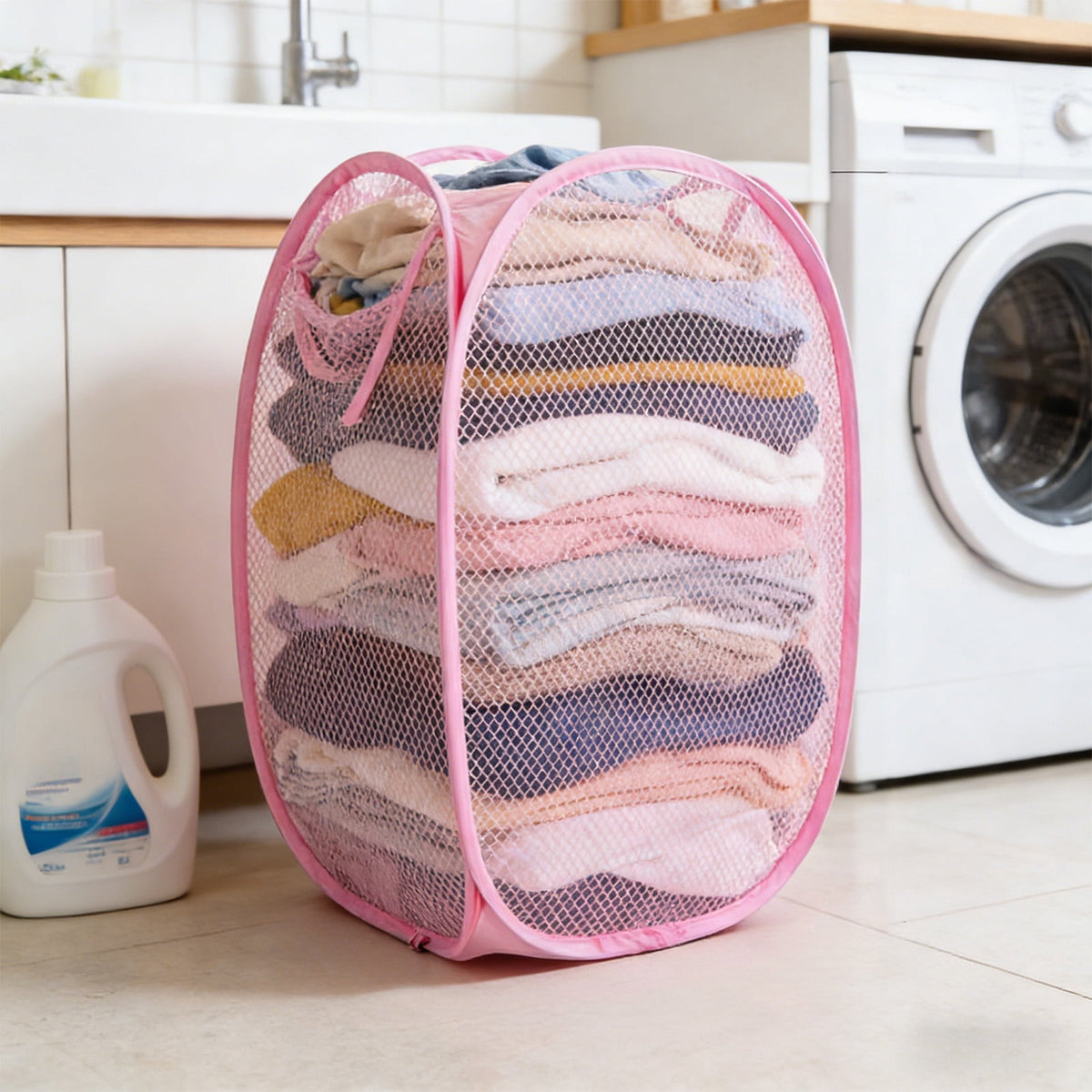 Foldable Mesh Laundry Hamper with Side Pocket and Carry Handles - Image 2