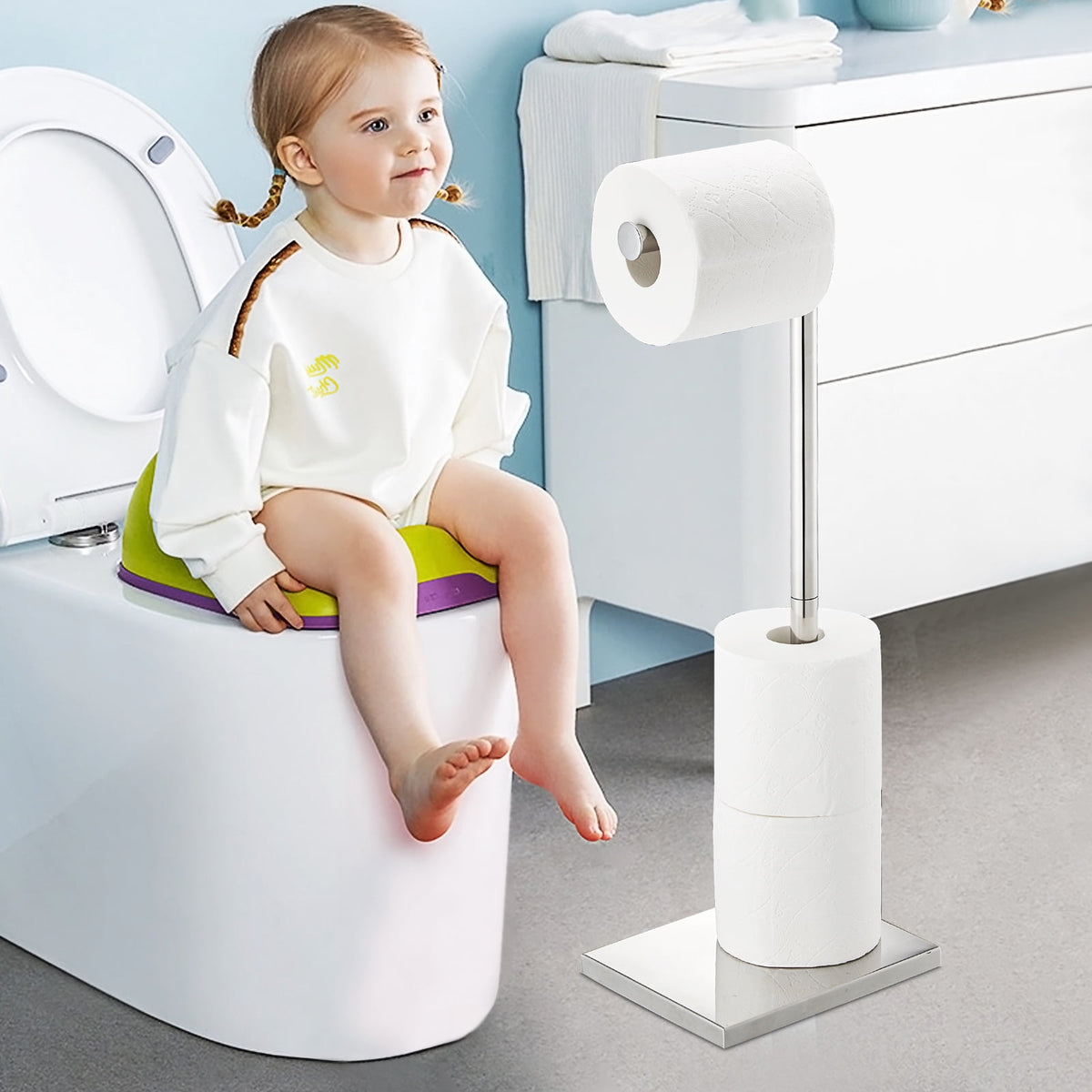 Freestanding Toilet Paper Stand with Reserve Storage for Four Rolls - Image 3