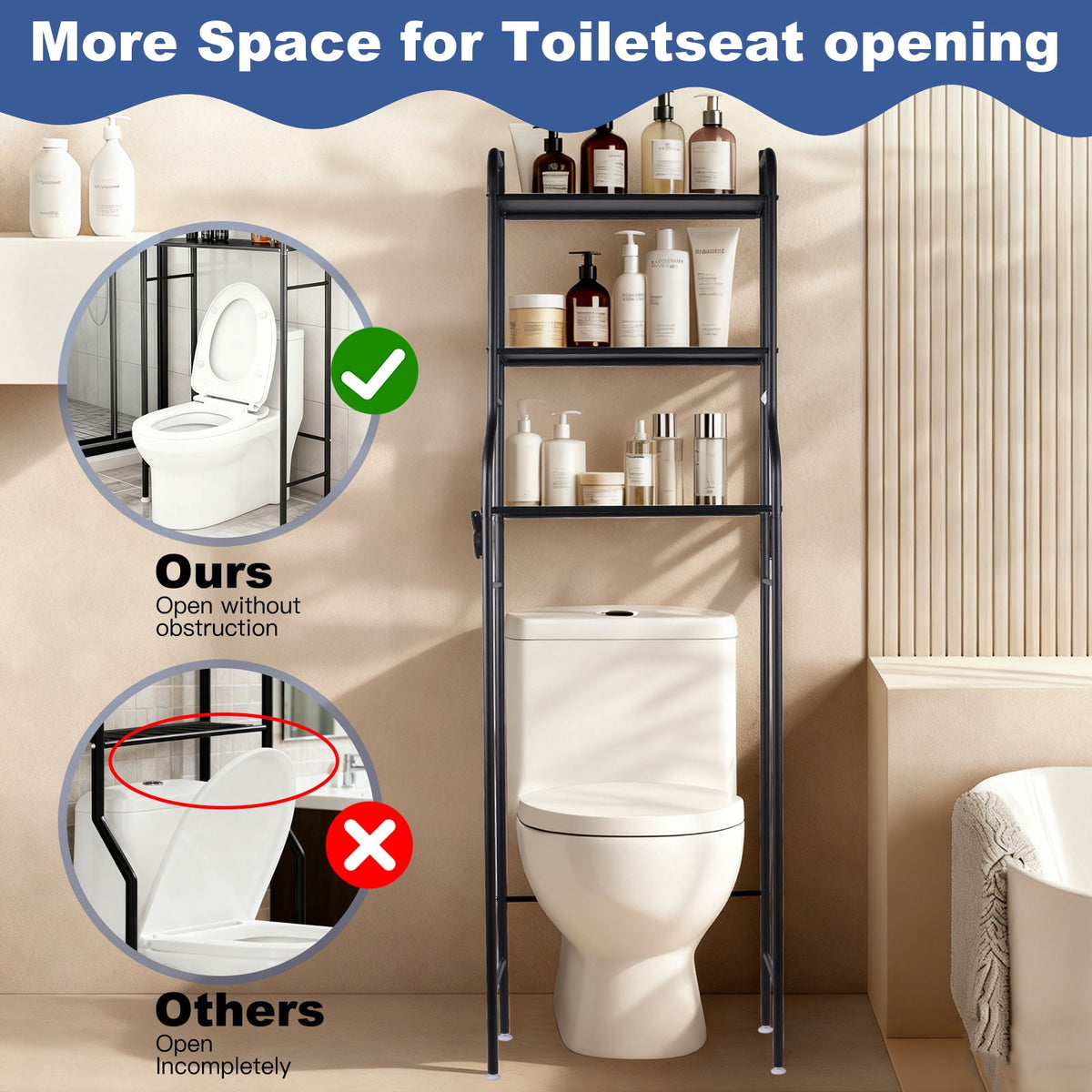 Over-the-Toilet Storage Rack, Three-Tier Steel Shelf 64 Inches Tall with Hooks - Image 6
