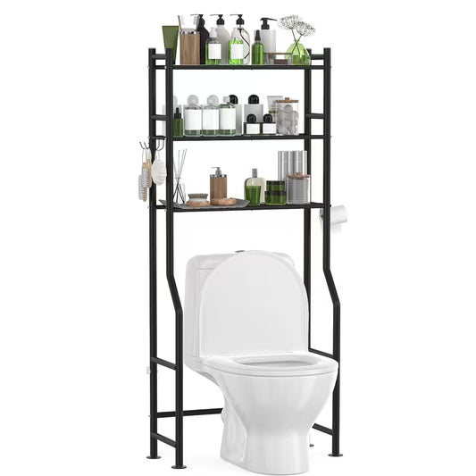 Over-the-Toilet Storage Rack, Three-Tier Steel Shelf 64 Inches Tall with Hooks - Image 2
