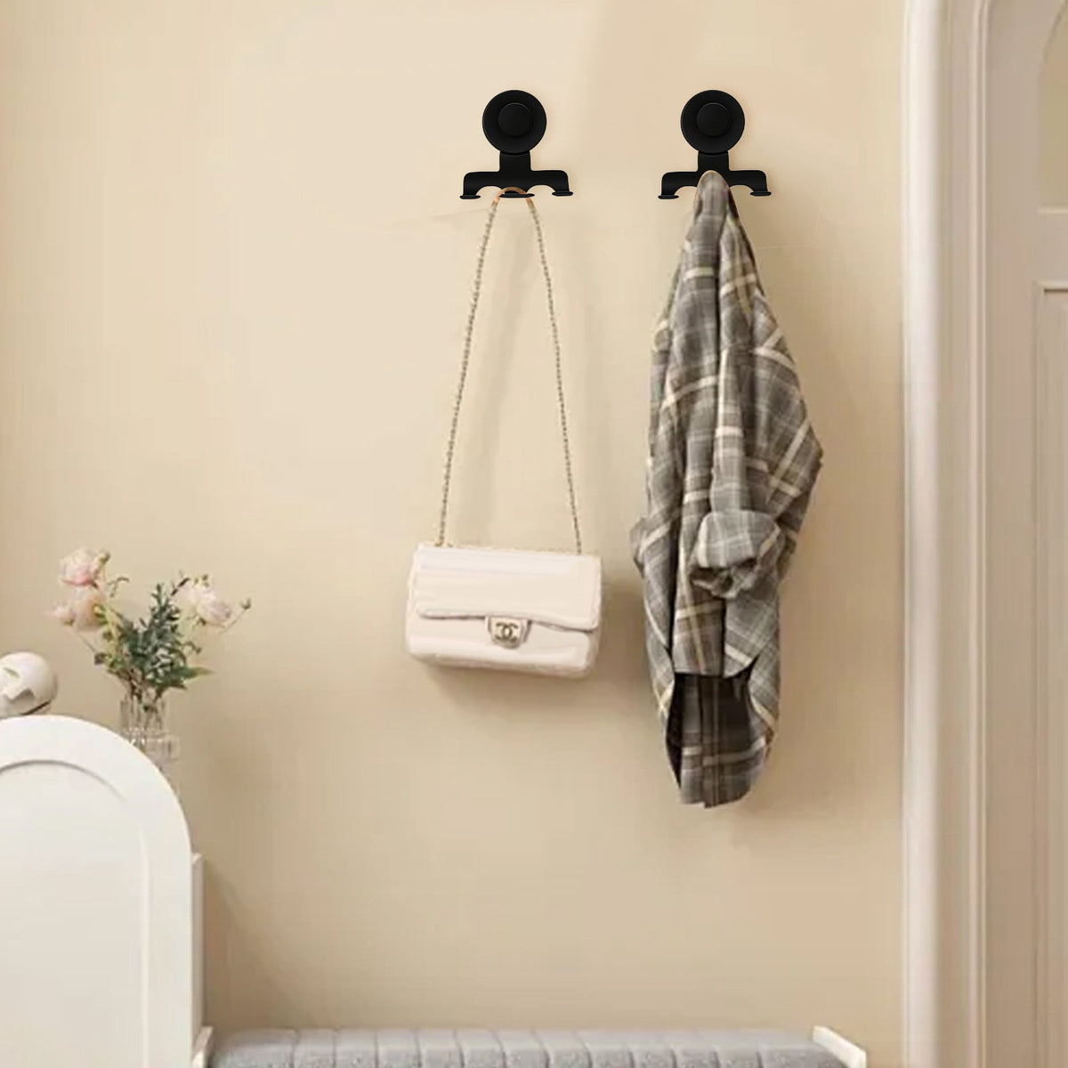 Suction Cup Razor and Towel Hook in Stainless Steel, Double Slot, Black - Image 5