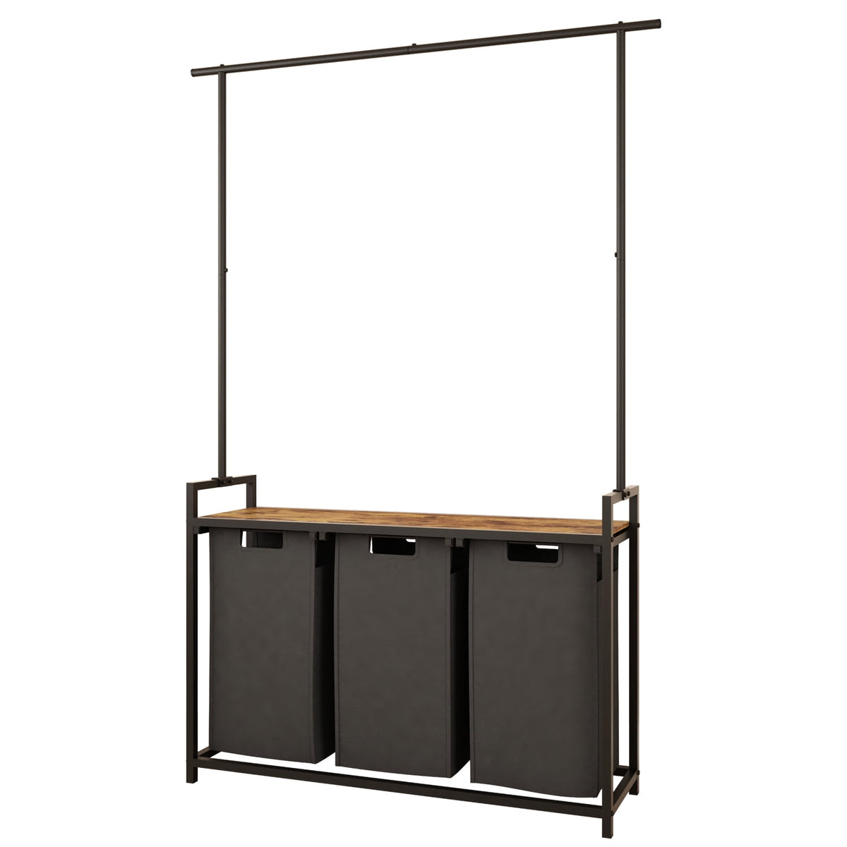 Three-Section Laundry Sorter with Hanging Bar and Removable Pull-Out Bags