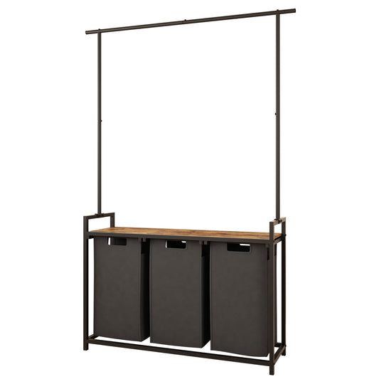 Three-Section Laundry Sorter with Hanging Bar and Removable Pull-Out Bags