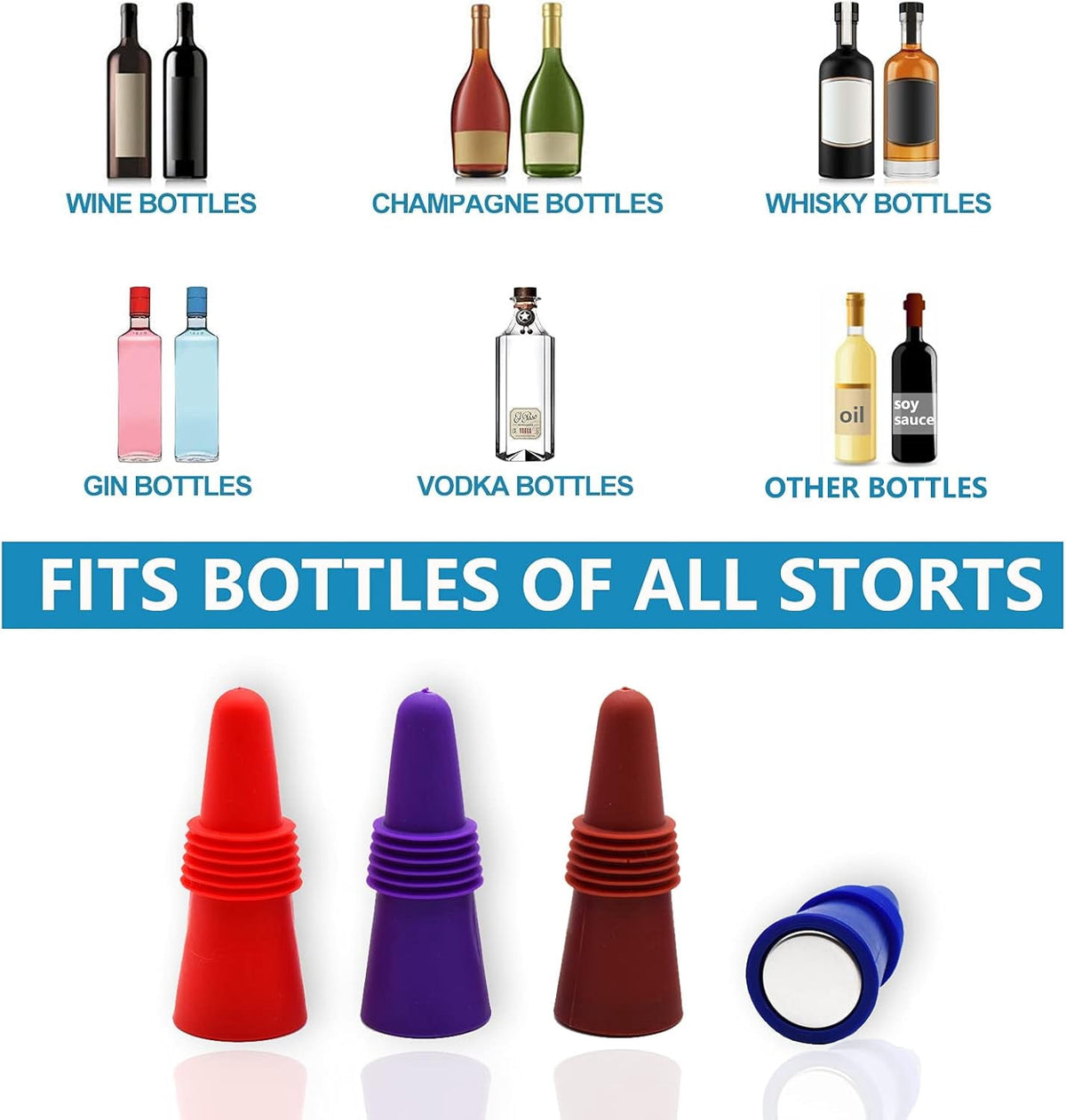 Silicone Wine and Beer Bottle Stoppers, Set of Eight Airtight Caps - Image 4