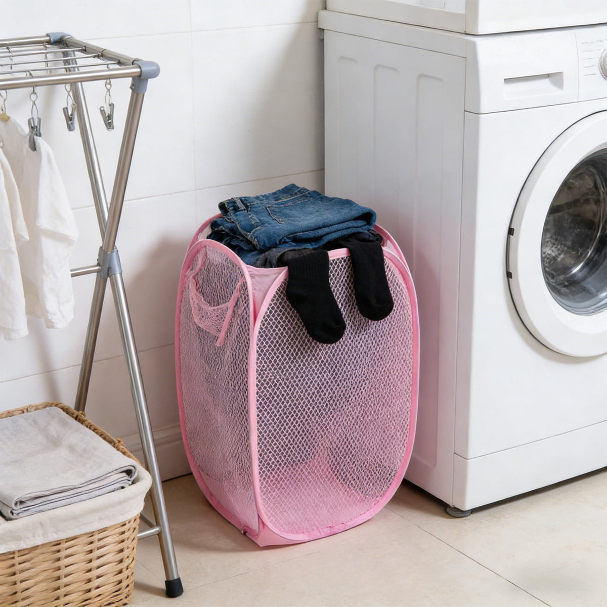 Foldable Mesh Laundry Hamper with Side Pocket and Carry Handles - Image 6