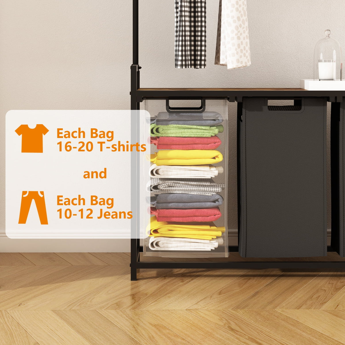 Three-Section Laundry Sorter with Hanging Bar and Removable Pull-Out Bags - Image 4