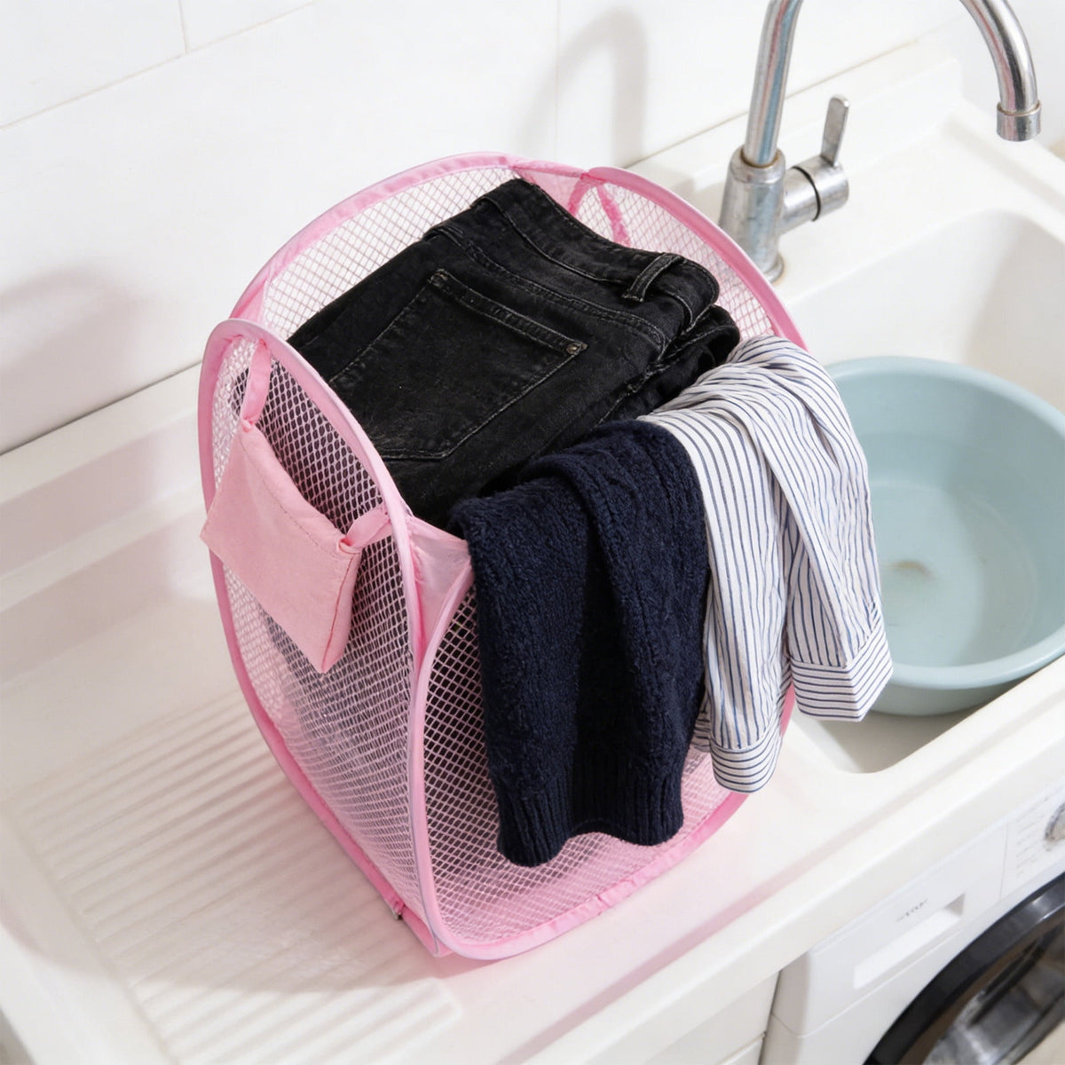 Foldable Mesh Laundry Hamper with Side Pocket and Carry Handles - Image 5