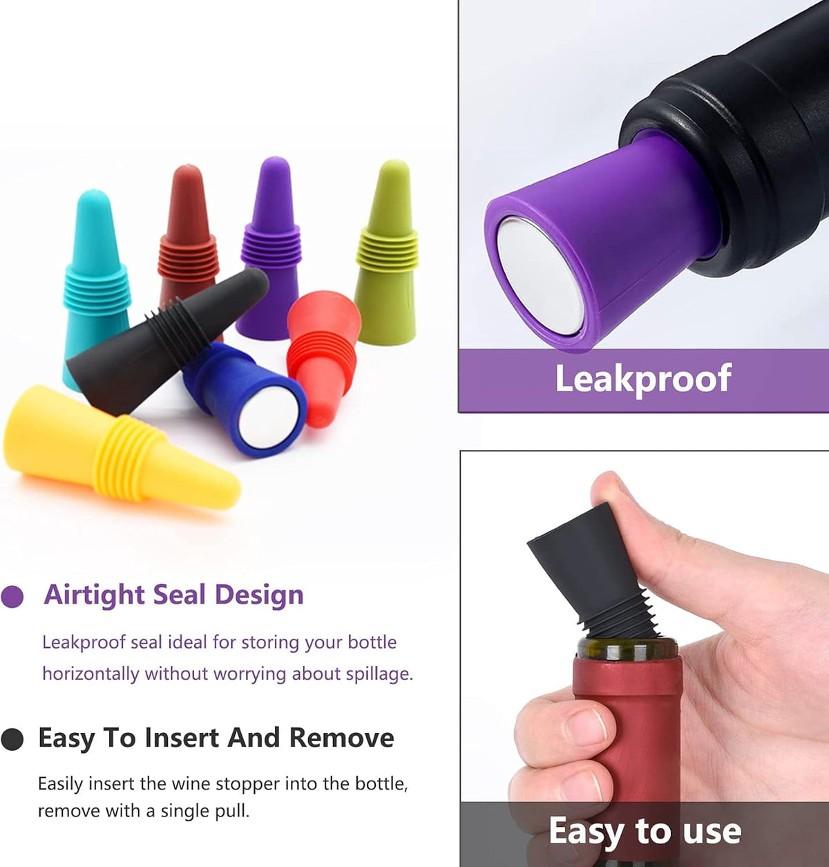 Silicone Wine and Beer Bottle Stoppers, Set of Eight Airtight Caps - Image 6
