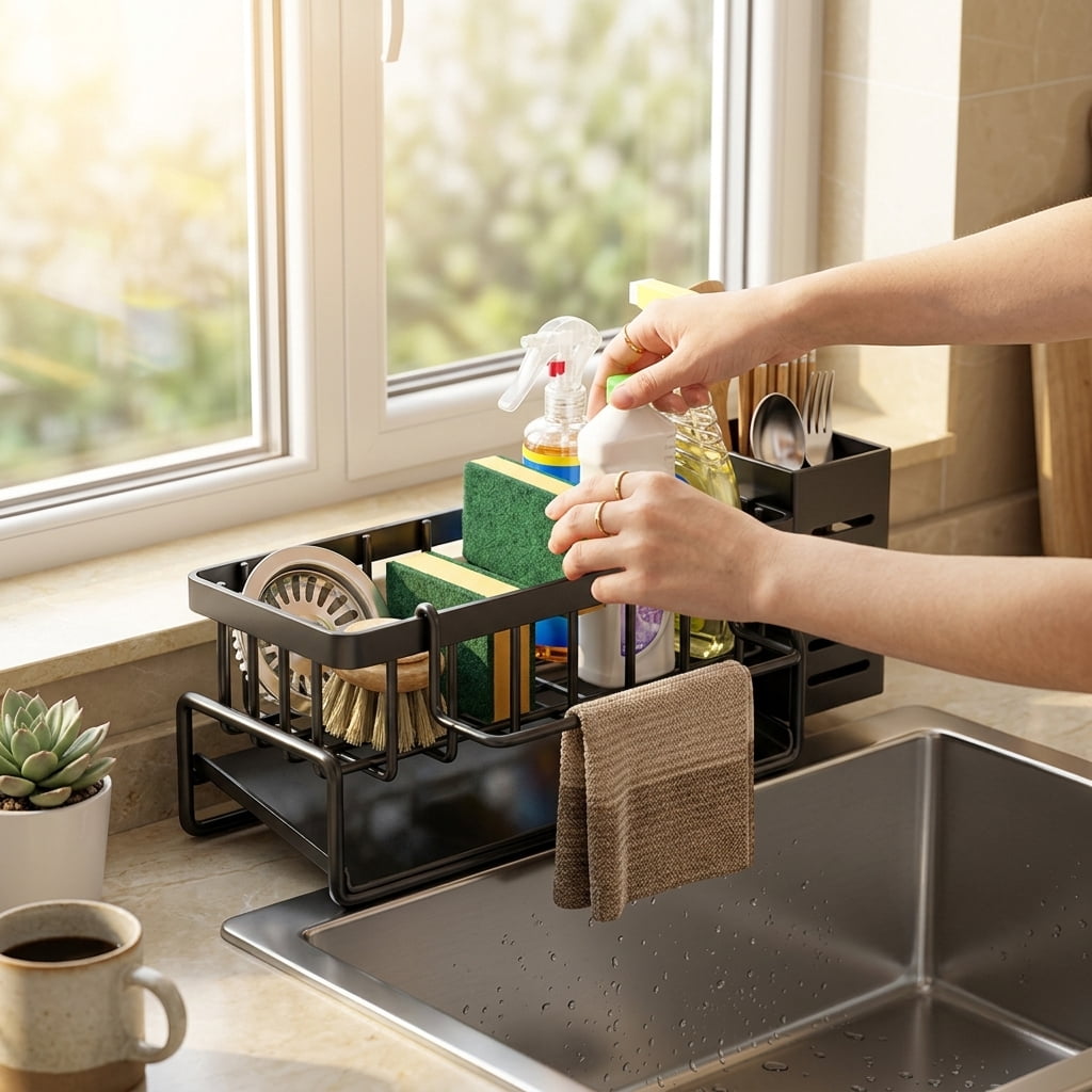 Sink Caddy Sponge Holder in Steel Wire with Sloped Drip Tray, Black - Image 4
