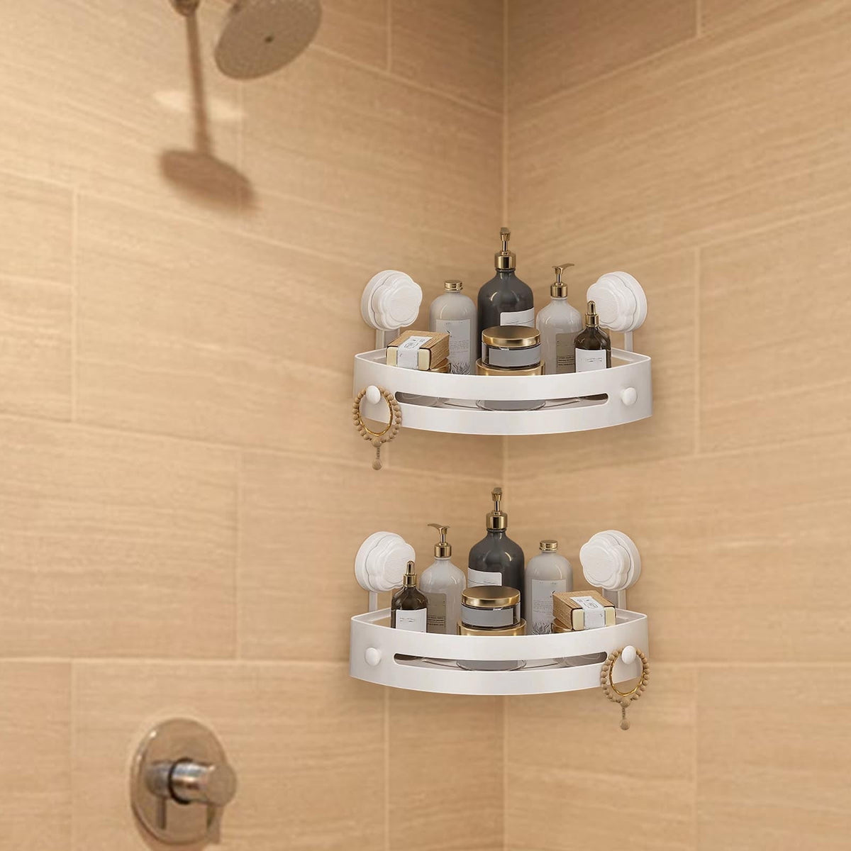 No-Drill Corner Shower Caddy with Suction Cups, Hooks and Rustproof Shelves - Image 4