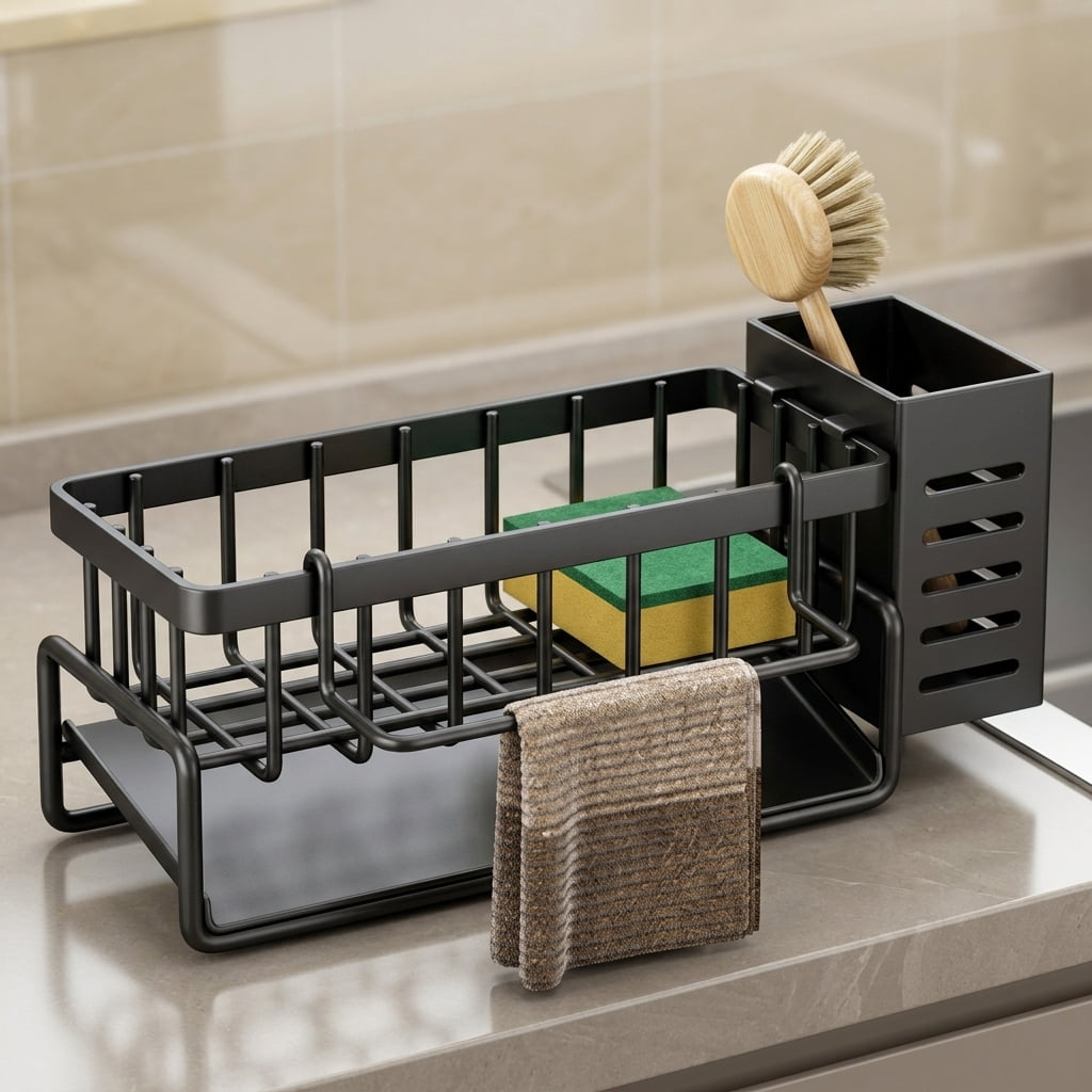 Sink Caddy Sponge Holder in Steel Wire with Sloped Drip Tray, Black - Image 6