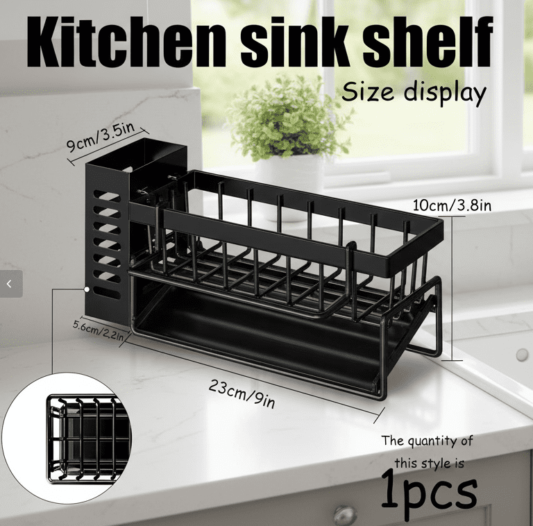 Sink Caddy Sponge Holder in Steel Wire with Sloped Drip Tray, Black - Image 5