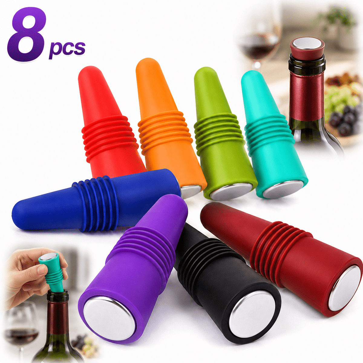 Silicone Wine and Beer Bottle Stoppers, Set of Eight Airtight Caps - Image 2