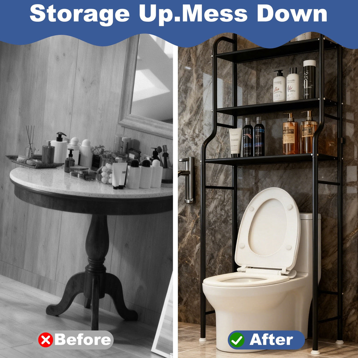 Over-the-Toilet Storage Rack, Three-Tier Steel Shelf 64 Inches Tall with Hooks - Image 5