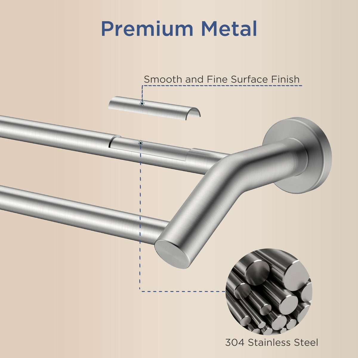 Double Towel Bar, 24 Inch Wall Mounted Rack in Brushed Stainless Steel - Image 3