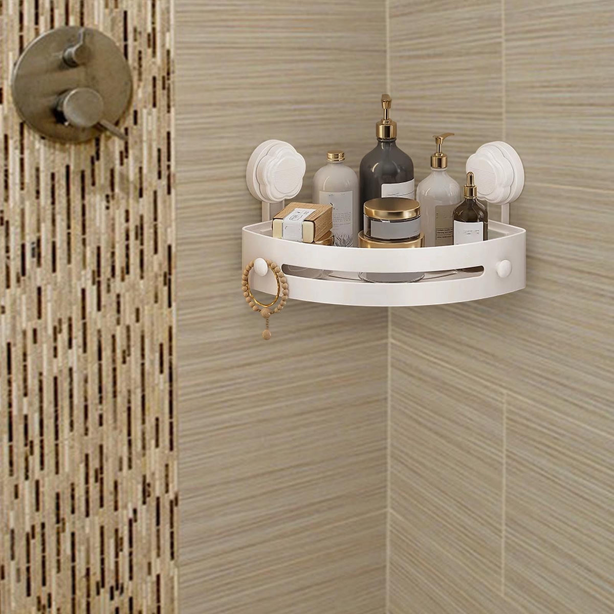 No-Drill Corner Shower Caddy with Suction Cups, Hooks and Rustproof Shelves - Image 5