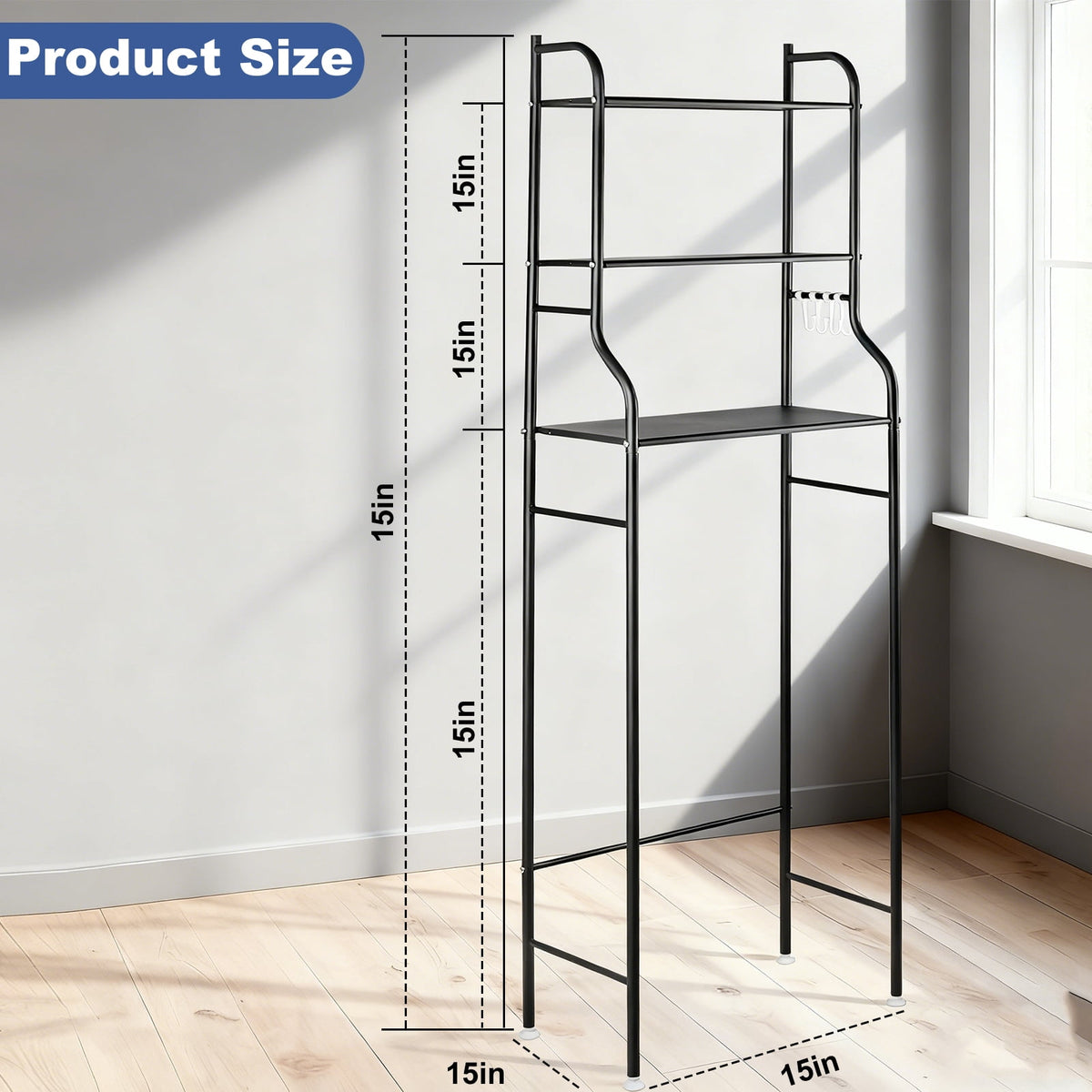 Over-the-Toilet Storage Rack, Three-Tier Steel Shelf 64 Inches Tall with Hooks - Image 3