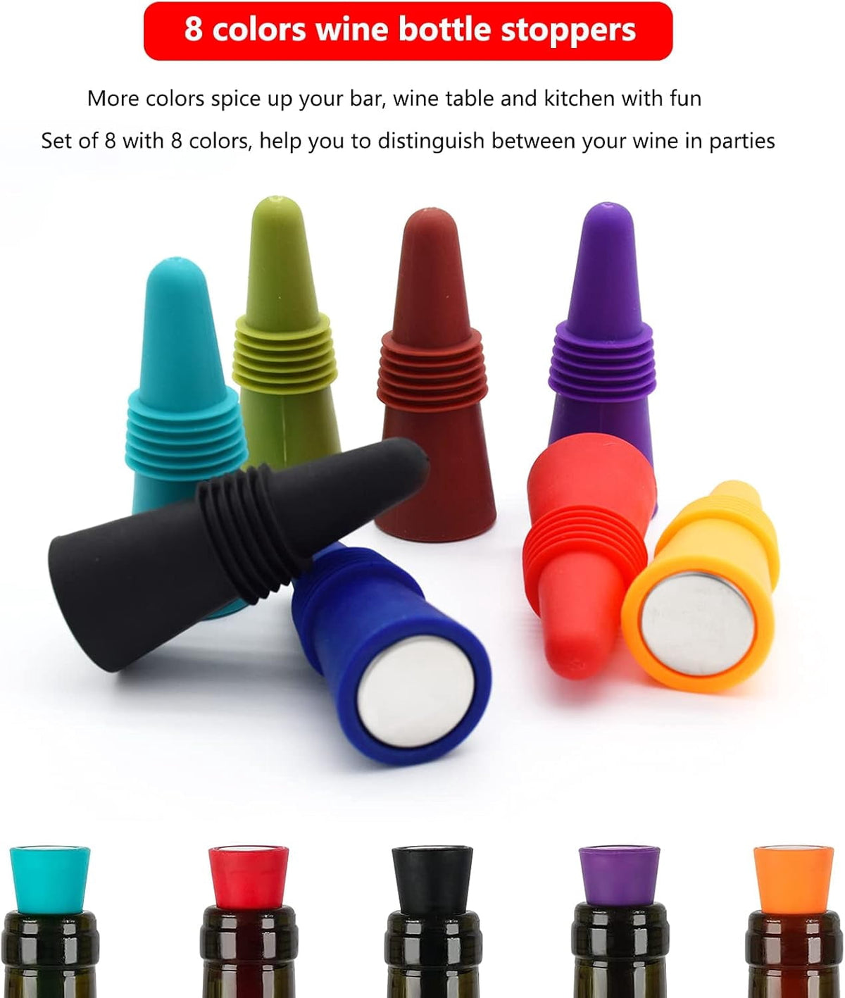 Silicone Wine and Beer Bottle Stoppers, Set of Eight Airtight Caps - Image 5