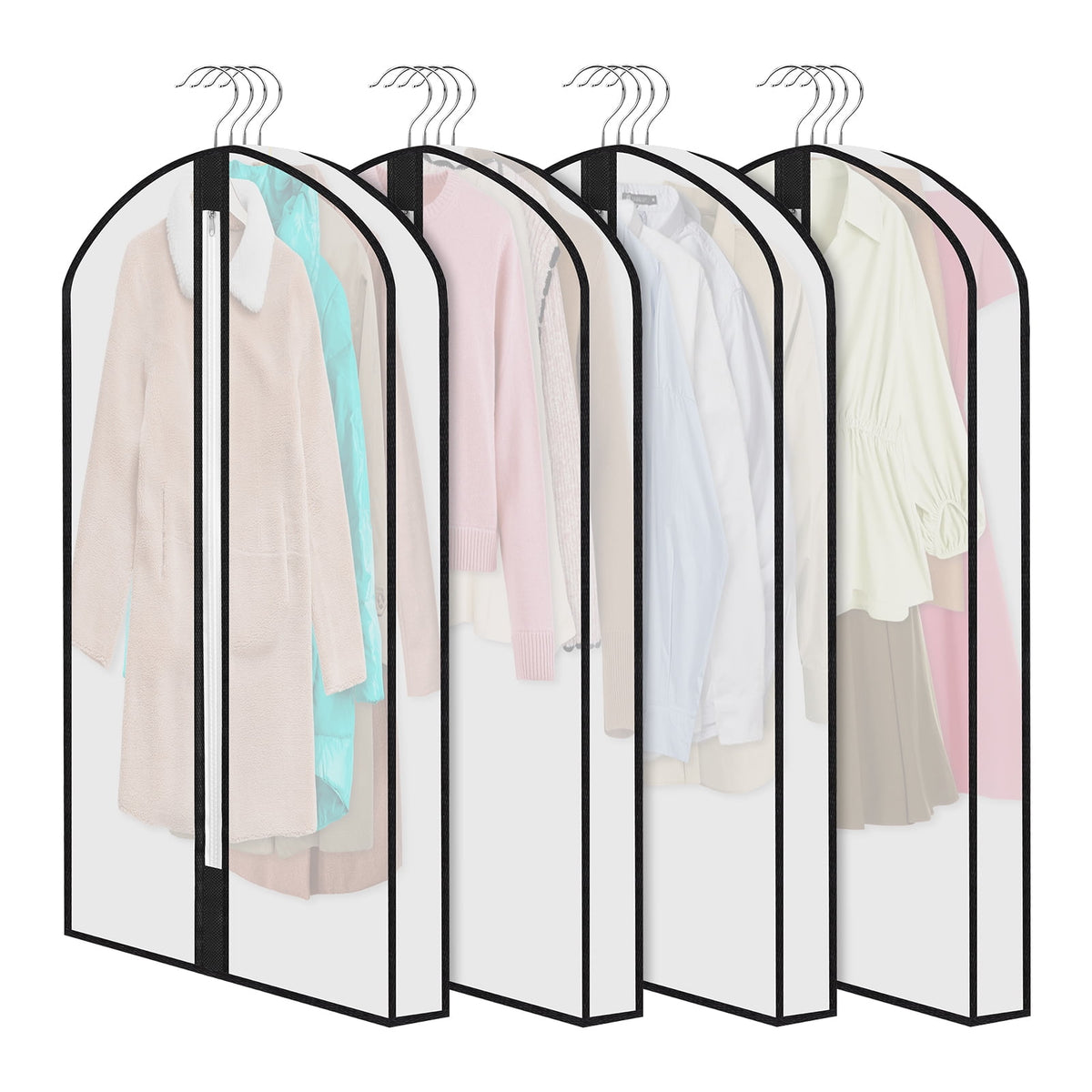 Clear Garment Bags for Hanging Clothes, Four 40 Inch Covers with Zippers