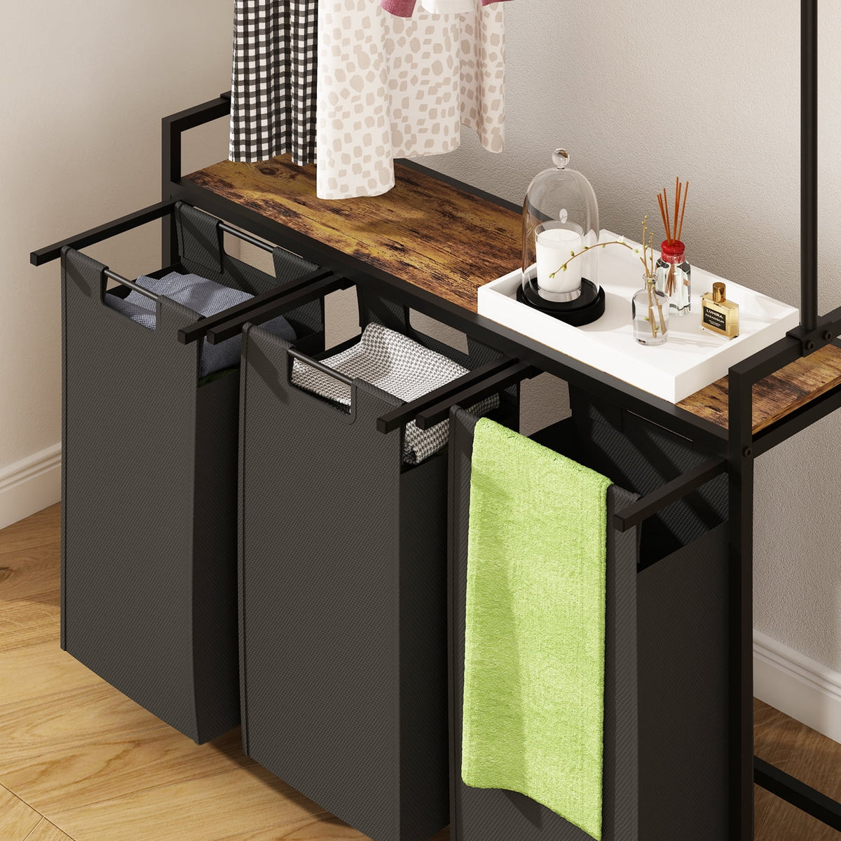 Three-Section Laundry Sorter with Hanging Bar and Removable Pull-Out Bags - Image 3