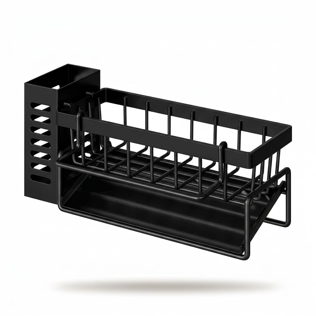 Sink Caddy Sponge Holder in Steel Wire with Sloped Drip Tray, Black