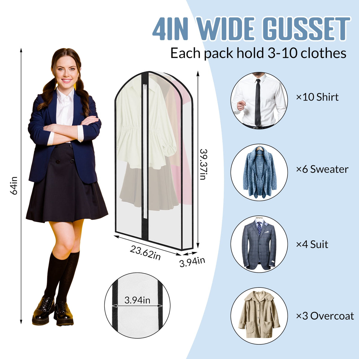 Clear Garment Bags for Hanging Clothes, Four 40 Inch Covers with Zippers - Image 2