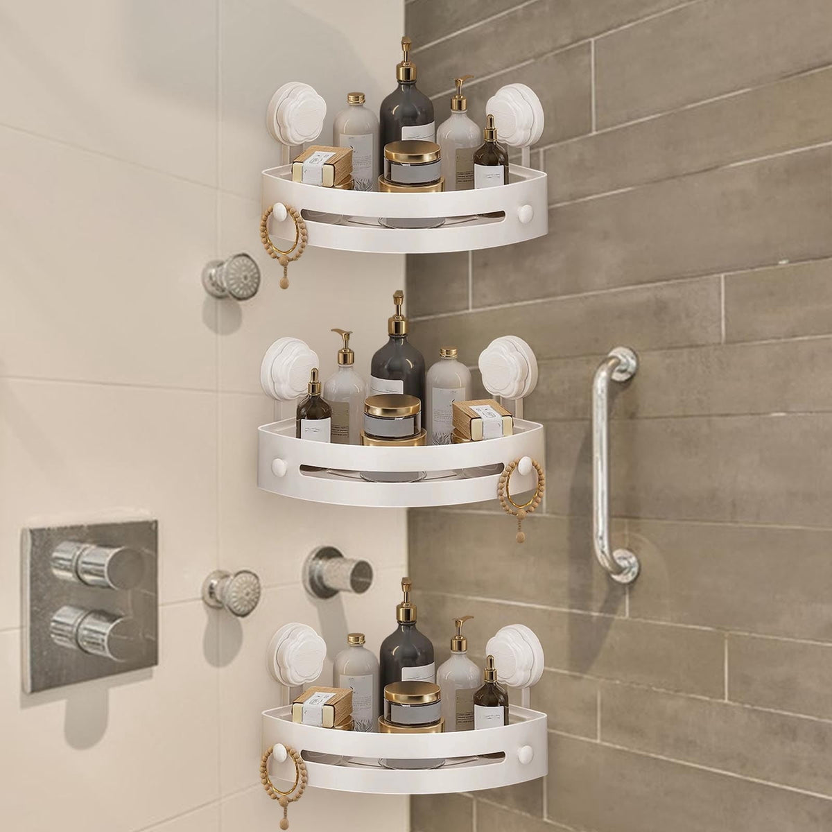 No-Drill Corner Shower Caddy with Suction Cups, Hooks and Rustproof Shelves - Image 6