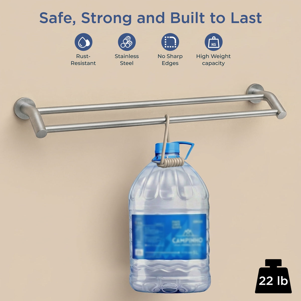 Double Towel Bar, 24 Inch Wall Mounted Rack in Brushed Stainless Steel - Image 4