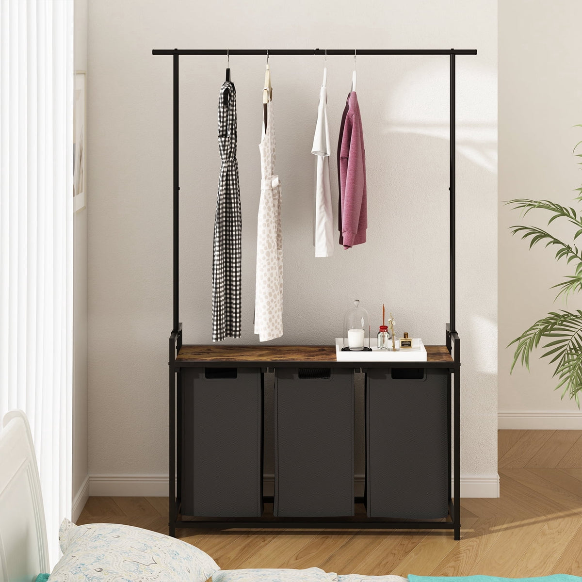 Three-Section Laundry Sorter with Hanging Bar and Removable Pull-Out Bags - Image 2